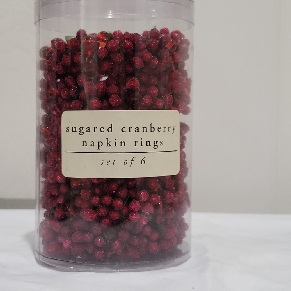 Pier 1 Sugared Cranberry Beaded w/Greenery Napkin Rings Holiday Set of 6